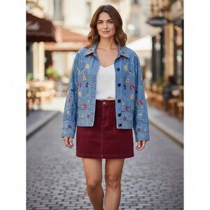 Studio Works Blue Jean Jacket with Floral Embroidery EUC